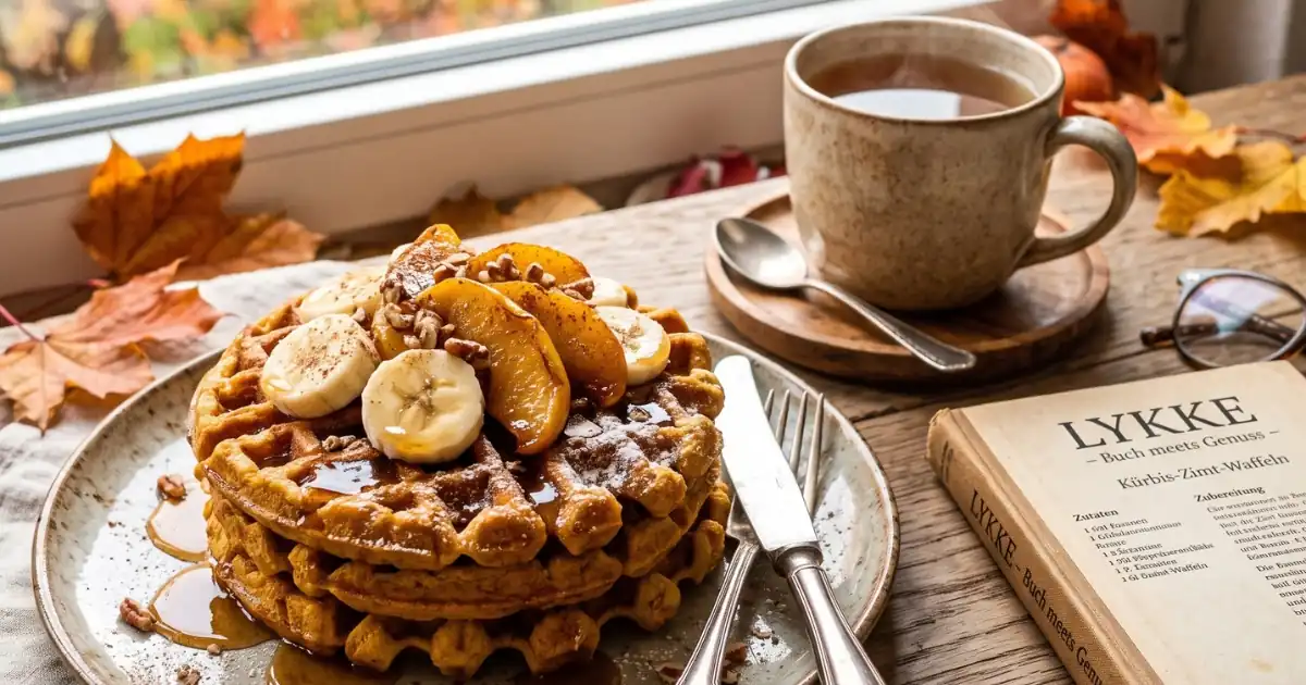 Ein Stapel golden gebackener Kürbis-Zimt-Waffeln auf einem Keramikteller, garniert mit Bananenscheiben, karamellisierten Apfelspalten, gehackten Nüssen und Ahornsirup, angerichtet mit Silberbesteck auf einem Leinentuch. Neben dem Teller steht eine Tasse dampfender Tee auf einem Holzuntersetzer sowie das aufgeschlagene Buch „LYKKE – Buch meets Genuss“ mit der Rezeptseite für die Waffeln. Die gemütliche Szene ist auf einem rustikalen Holztisch vor einem Fenster mit Blick auf buntes Herbstlaub arrangiert.