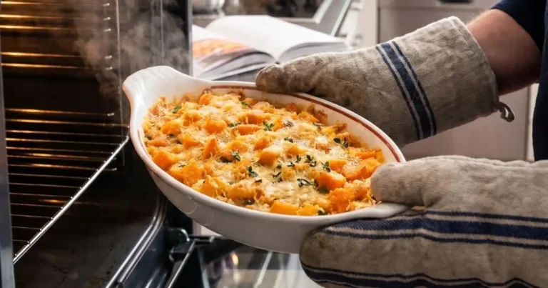Eine Person mit dicken, blau gestreiften Ofenhandschuhen hält einen frisch gebackenen, dampfenden Kürbisauflauf direkt vor einen geöffneten Backofen. In der weißen, ovalen Keramikform befinden sich orangefarbene Kürbiswürfel, die mit Käse überbacken und mit frischen Kräuterzweigen garniert sind. Im unscharfen Hintergrund ist eine Küche zu sehen, auf deren dunkler Arbeitsplatte ein aufgeschlagenes Kochbuch liegt.