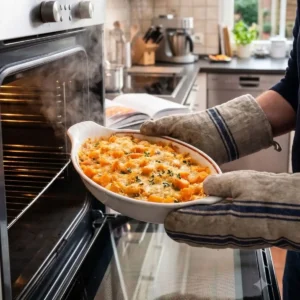 Eine Person mit dicken, blau gestreiften Ofenhandschuhen hält einen frisch gebackenen, dampfenden Kürbisauflauf direkt vor einen geöffneten Backofen. In der weißen, ovalen Keramikform befinden sich orangefarbene Kürbiswürfel, die mit Käse überbacken und mit frischen Kräuterzweigen garniert sind. Im unscharfen Hintergrund ist eine Küche zu sehen, auf deren dunkler Arbeitsplatte ein aufgeschlagenes Kochbuch liegt.