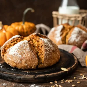 Ein rundes, frisch gebackenes Kürbisbrot mit einer tief eingerissenen, kreuzförmigen Kruste und Mehlbestäubung liegt im Vordergrund auf einem rustikalen, dunklen Holzbrett. Auf dem Holztisch davor sind einige Kürbiskerne und Getreidekörner verstreut. Im leicht unscharfen Hintergrund befinden sich links zwei kleine orangefarbene Kürbisse, rechts ein weiteres Brot auf einem Stofftuch und dahinter eine Flasche Milch.