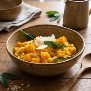 Eine rustikale Keramikschüssel auf einem Holztisch, gefüllt mit cremigem, gelb-orangefarbenem Kürbis-Graupen-Risotto und weichen Kürbiswürfeln. Das Gericht ist mit dunklen Salbeiblättern und gehobeltem Käse garniert. Rechts neben der Schüssel liegt ein Holzlöffel; im unscharfen Hintergrund befinden sich ein kleiner Tonkrug sowie eine weitere Schale auf einem Stofftuch.