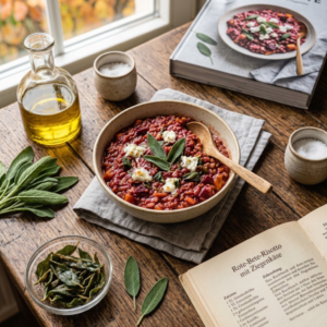 Eine Schale mit tiefrotem Rote-Bete-Risotto, garniert mit Tupfern von weißem Ziegenkäse und frischen Salbeiblättern, serviert mit einem Holzlöffel auf einem Leinentuch. Der rustikale Holztisch ist stimmungsvoll arrangiert mit einer Glaskaraffe Olivenöl, frischen Salbeizweigen sowie einem Schälchen mit knusprigen Salbeiblättern. Im Vordergrund liegt ein geöffnetes Kochbuch mit der Überschrift „Rote-Bete-Risotto mit Ziegenkäse“, während im Hintergrund ein weiteres Buch und ein Fenster mit herbstlichem Tageslicht zu sehen sind.