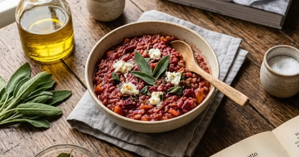 Eine Schale mit tiefrotem Rote-Bete-Risotto, garniert mit Tupfern von weißem Ziegenkäse und frischen Salbeiblättern, serviert mit einem Holzlöffel auf einem Leinentuch. Der rustikale Holztisch ist stimmungsvoll arrangiert mit einer Glaskaraffe Olivenöl, frischen Salbeizweigen sowie einem Schälchen mit knusprigen Salbeiblättern. Im Vordergrund liegt ein geöffnetes Kochbuch mit der Überschrift „Rote-Bete-Risotto mit Ziegenkäse“, während im Hintergrund ein weiteres Buch und ein Fenster mit herbstlichem Tageslicht zu sehen sind.