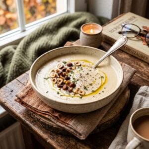 Eine Schale samtige Bohnencremesuppe, garniert mit gerösteten Haselnüssen, einem Schuss Olivenöl, frisch gemahlenem Pfeffer und Thymian, serviert mit einem Silberlöffel. Die Schale steht auf einer Holzscheibe und einem Stofftuch auf einem rustikalen Holztisch an einem Fenster mit herbstlicher Aussicht. Im Hintergrund sorgen eine brennende Kerze, eine grüne Strickdecke sowie das Buch „Herbstzauber“ mit einer Lesebrille darauf für eine gemütliche Atmosphäre.