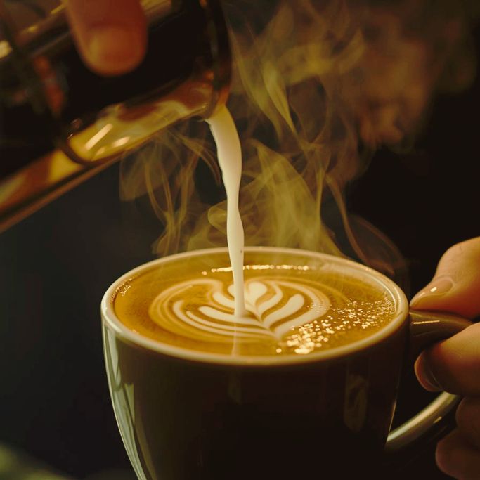 Eine Nahaufnahme, bei der aufgeschäumte warme Milch aus einem kleinen Kännchen in eine dunkle Keramiktasse gegossen wird. Auf der cremigen Oberfläche des Kaffees entsteht dabei ein kunstvolles Latte-Art-Muster. Vor dem dunklen Hintergrund steigt leicht dampfender Rauch aus der heißen Tasse auf, die von einer Hand gehalten wird.